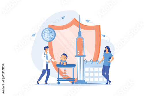 Pediatrics and childcare. Doctor give injection. Infant and child vaccines, newborn vaccination schedule, protection from childhood diseases concept.flat vector modern illustration