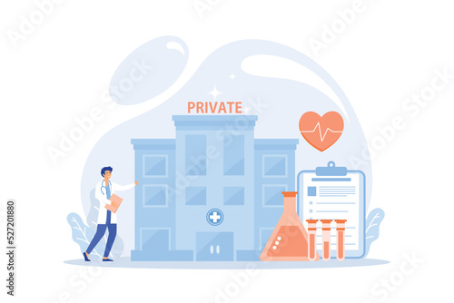 Doctor pointing at private healthcare center with medical services. Private healthcare, private medical services, health care center concept.flat vector modern illustratin