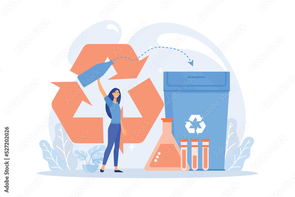 Businesswoman recycling plastic detergent bottle to produce chemicals. Chemical recycling, plastics recycling method, polymeric wastes reuse concept.flat vector modern illustration