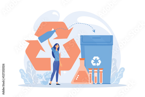 Businesswoman recycling plastic detergent bottle to produce chemicals. Chemical recycling, plastics recycling method, polymeric wastes reuse concept.flat vector modern illustration photo