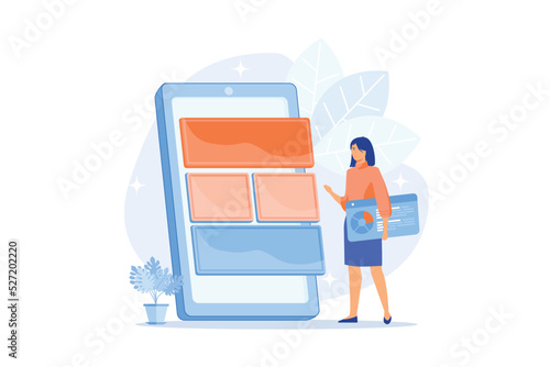 Mobile software optimization, UI, UX development. Smartphone app interface designing. Devops, woman creating application for modern gadget.flat vector modern illustration