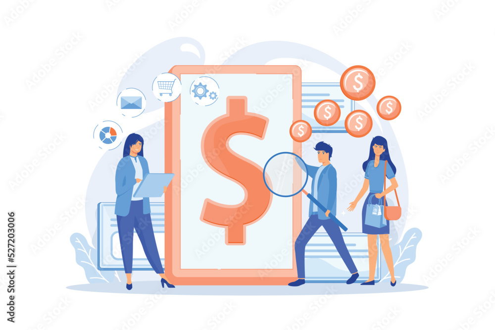 Clients with magnifier get e-invoicing and pay bills online. E-invoicing service, electronic invoicing, e-billing system and e-economy tools concept.flat vector modern illustration Clients with magnifier get e-invoicing and pay bills online. E-invoicing service, electronic invoicing, e-billing system and e-economy tools concept.flat vector modern illustration