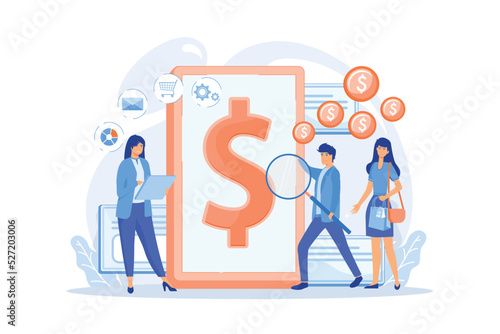Clients with magnifier get e-invoicing and pay bills online. E-invoicing service, electronic invoicing, e-billing system and e-economy tools concept.flat vector modern illustration