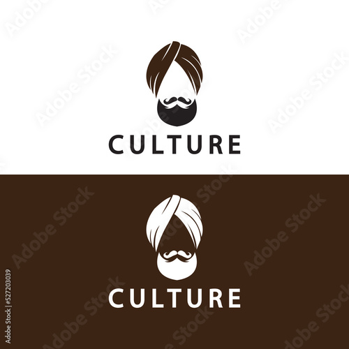 Turban Mustache India Indian logo design vector illustration. Logo of a man's face with a Beard and hat typical of the traditional Indian country.