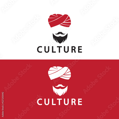 Turban Mustache India Indian logo design vector illustration. Logo of a man's face with a Beard and hat typical of the traditional Indian country.