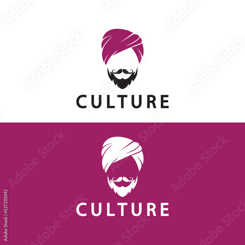 Turban Mustache India Indian logo design vector illustration. Logo of a man's face with a Beard and hat typical of the traditional Indian country.