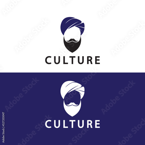 Turban Mustache India Indian logo design vector illustration. Logo of a man's face with a Beard and hat typical of the traditional Indian country.