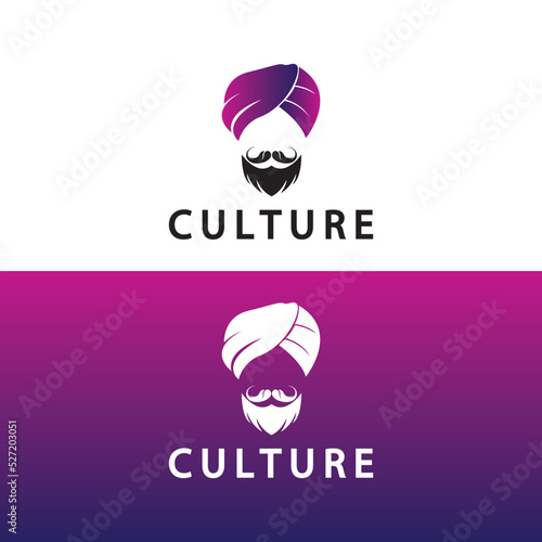 Turban Mustache India Indian logo design vector illustration. Logo of a man's face with a Beard and hat typical of the traditional Indian country.