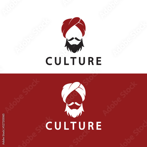 Turban Mustache India Indian logo design vector illustration. Logo of a man's face with a Beard and hat typical of the traditional Indian country.
