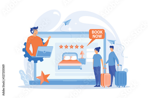 Room reservation online customer support, consultation. Virtual reception office. Internet booking, accommodation search helpline chat concept.flat vector modern illustration