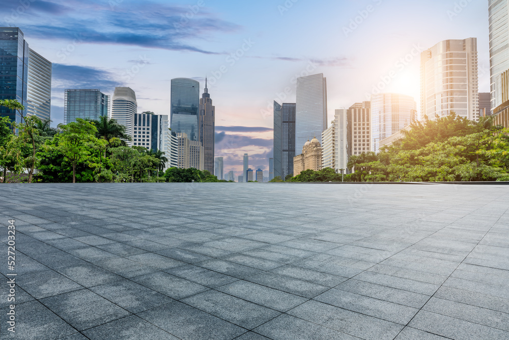 City skyline and modern buildings with empty city square in Guangzhou, China.