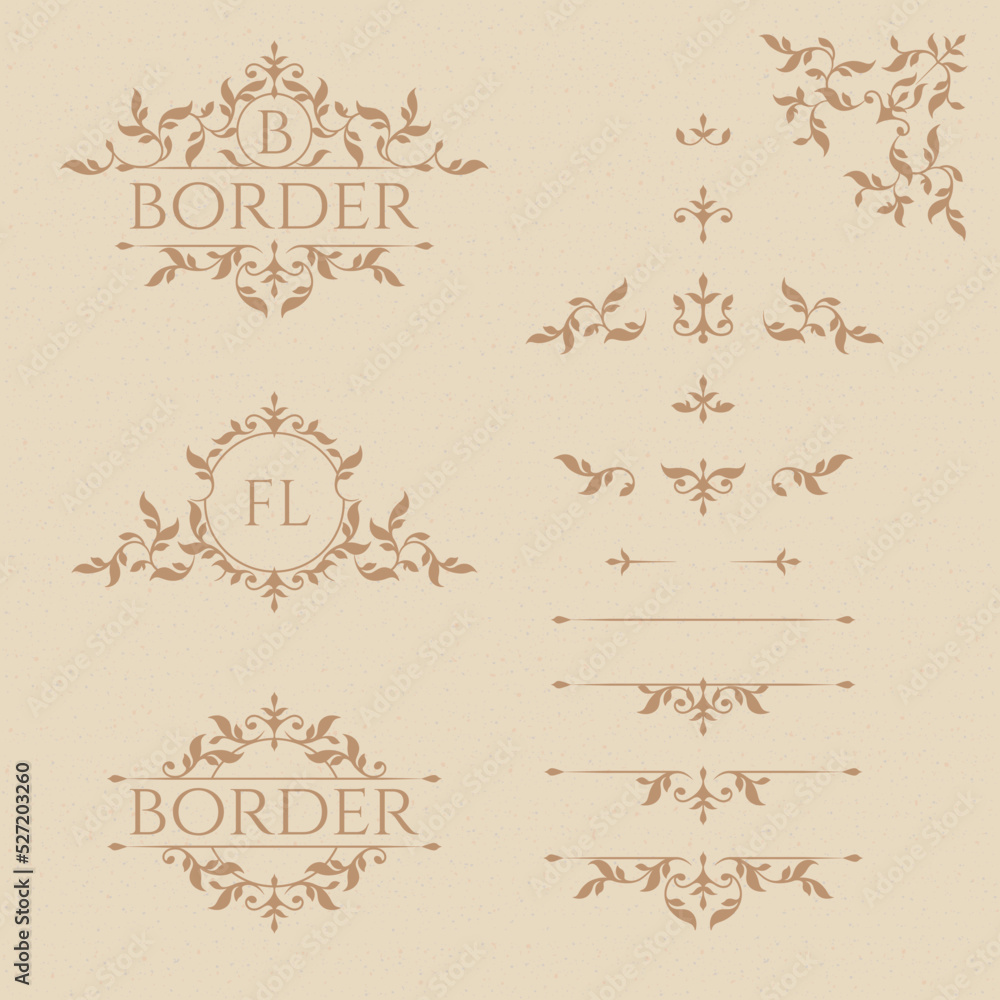 Set of decorative elements in classical style. Floral ornamental monogram frames and borders, corners. Graphic design pages. Set of decorative elements in classical style. Floral ornamental monogram frames and borders, corners. Graphic design pages.