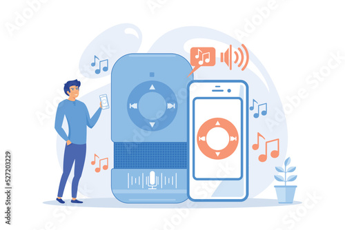 User playing music on smart speaker and mobile phone. Music playback and streaming, voice activated digital assistants for mobile applications concept.flat vector modern illustration