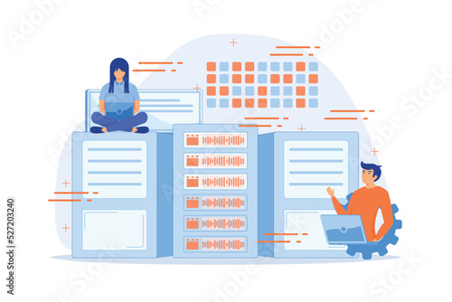 Database analysts with laptops working with data in the center. Big data storage, big data architecture, real-time data analytics concept.flat vector modern illutration