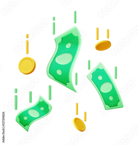 3D Dollar Banknote and Coin Icon Isolated. American Dollar Paper Money Pile Render. USD Green Money Sign. Growth, Income, Savings, Investment. Symbol of Wealth. Business Success. Vector Illustration