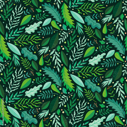 Green herbs seamless pattern. Leaves  wildflowers and berries. Vector illustration with different plants and branches on dark green background.