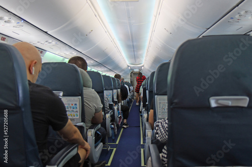 View of the cabin of a large passenger plane.