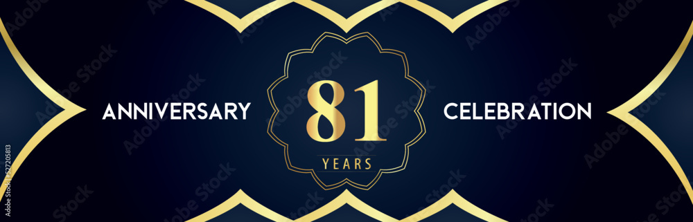 81 years anniversary celebration logo with gold decorative frames on dark blue background. Premium design for booklet, banner, weddings, happy birthday, greetings card, graduation, ceremony, jubilee. 81 years anniversary celebration logo with gold decorative frames on dark blue background. Premium design for booklet, banner, weddings, happy birthday, greetings card, graduation, ceremony, jubilee.