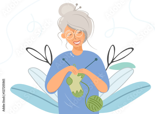 Grandma is knitting outside. Knitting clothes, an elderly woman on the background of plants knits socks. Vector close-up in cartoon flat style. The concept of knitting as a hobby, leisure, recreation