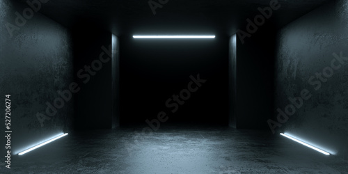 Underground Tunnel Corridor Stage Warehouse Grunge Concrete Neon Fluorescent Glowing Illustration Backgrounds 3d Rendering