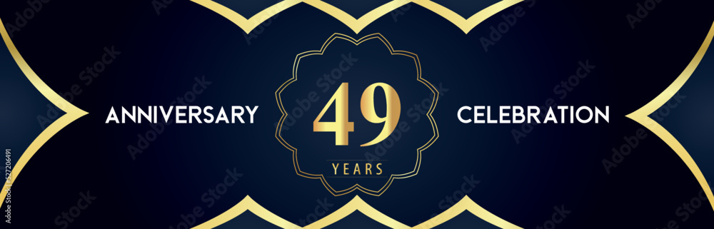 49 years anniversary celebration logo with gold decorative frames on dark blue background. Premium design for booklet, banner, weddings, happy birthday, greetings card, graduation, ceremony, jubilee.