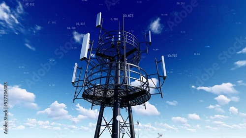 Signals transmitted by 5g base station wireless communication signal tower.