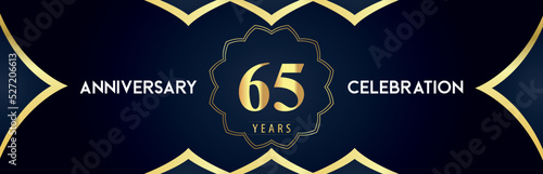 65 years anniversary celebration logo with gold decorative frames on dark blue background. Premium design for booklet, banner, weddings, happy birthday, greetings card, graduation, ceremony, jubilee.
