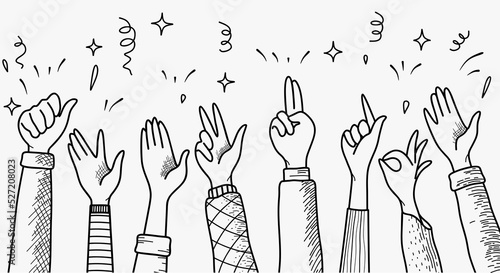 hand drawn of hands cheering and clapping ovation. applause, thumbs up gesture on doodle style.