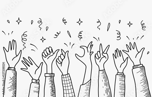 hand drawn of hands cheering and clapping ovation. applause, thumbs up gesture on doodle style.
