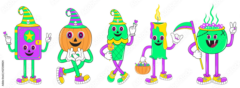 Obraz premium Halloween character set in cartoon comic style and halloween set of patches for design. Set of cute funny happy Halloween character. Perfect for scrapbooking, greeting card, party invitation, sticker.