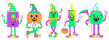 Halloween character set in cartoon comic style and halloween set of patches for design. Set of cute funny happy Halloween character. Perfect for scrapbooking, greeting card, party invitation, sticker.