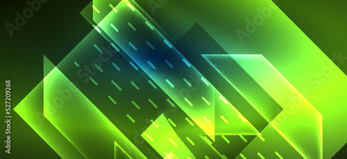 Background wallpaper neon glowing lines and geometric shapes. Dark wallpaper for concept of AI technology, blockchain, communication, 5G, science, business and technology