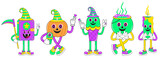Vintage Halloween character design. Halloween sticker pack. Halloween set of patches in cartoon comic style. Halloween character set in cartoon comic style. 