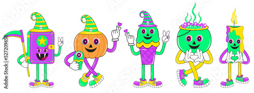 Vintage Halloween character design. Halloween sticker pack. Halloween set of patches in cartoon comic style. Halloween character set in cartoon comic style. 