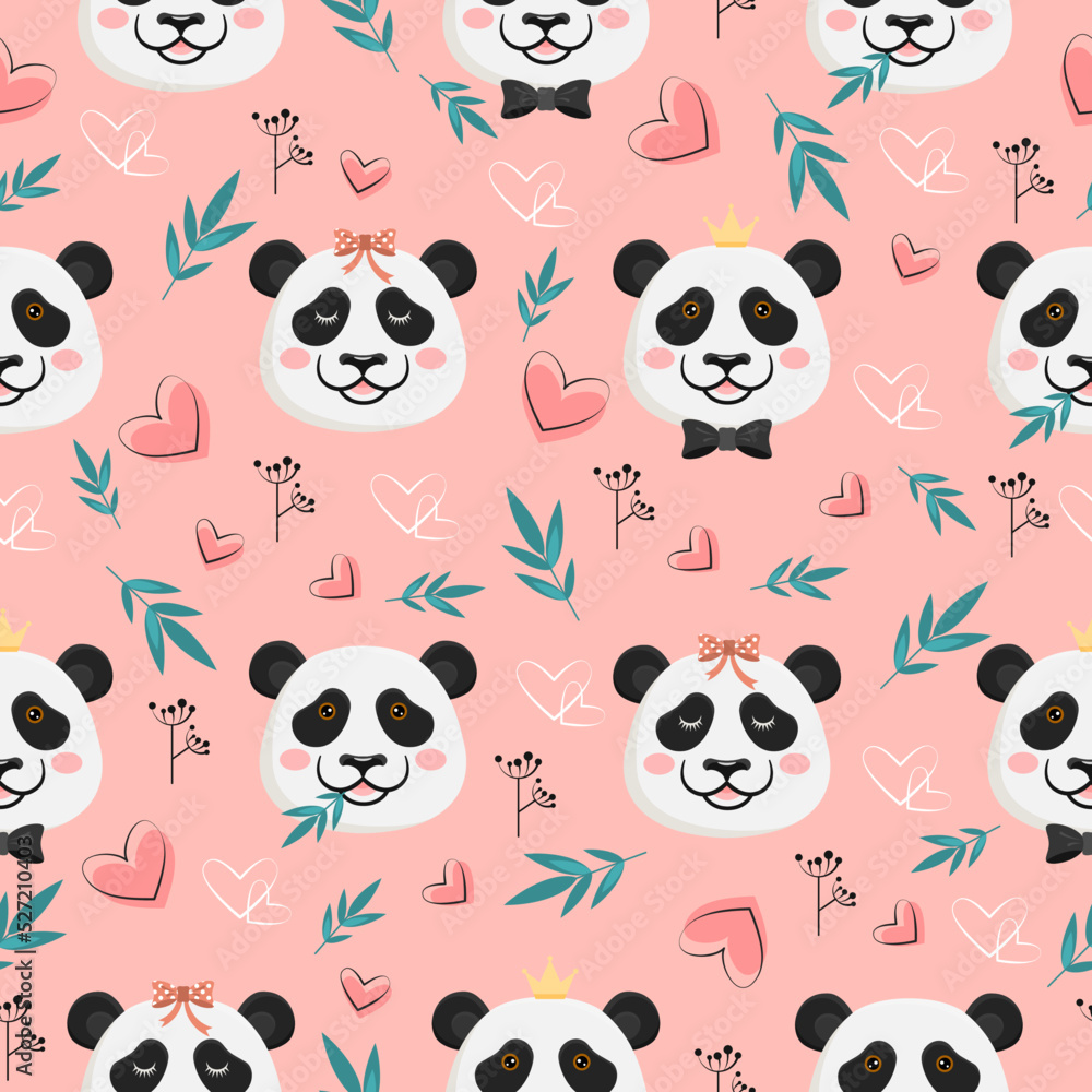Obraz premium Seamless pattern funny panda and hearts in vector. Children's gentle background head of a teddy bear for textiles, postcards, clothes. Animal mascot in flat style.