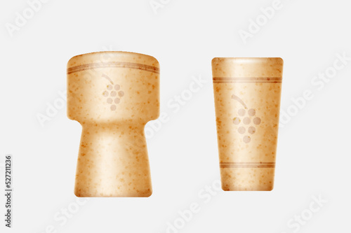 Wine and champagne cork realistic design. Natural bungs and plugs for alcohol bottles