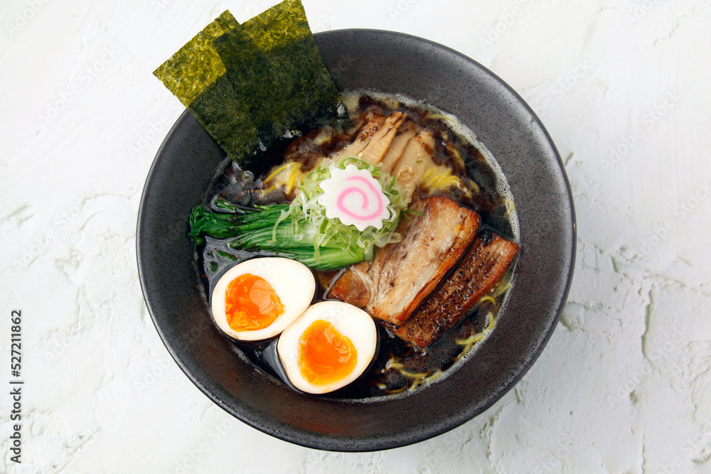Freshly cooked Japanese food called black garlic paitan ramen Freshly cooked Japanese food called black garlic paitan ramen