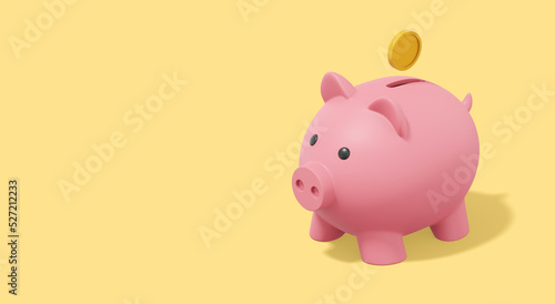 Accumulation of savings icon. Banner, space for text. 3D rendering. Pink piggy bank with falling coins on yellow background.