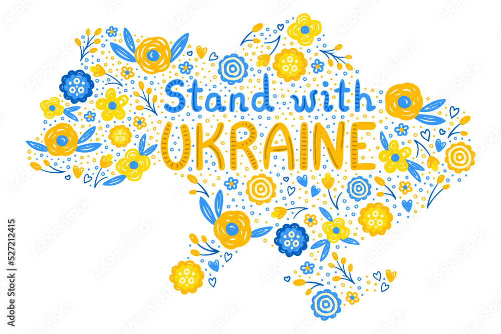 Map of Ukraine, floral, decorative, doodle, yellow-blue, stand with Ukraine, no war