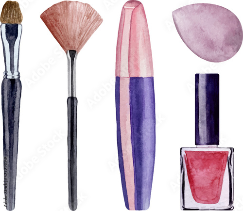 Watercolor set of cosmetics and make up artist objects. Brushes, mascara, sponge and red nail polish.