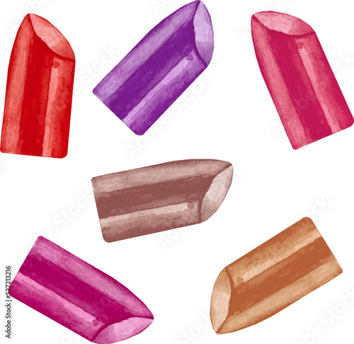 Watercolor broken red, pink and purple lipstick make up isolated on a white background