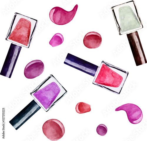 Set of watercolor red and pink nail polish with drops isolated on white background