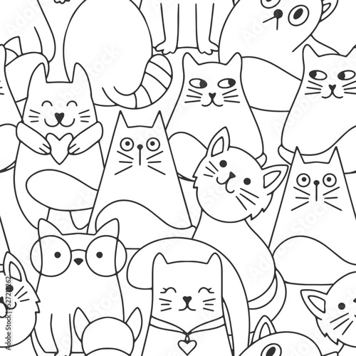 Doodle cat seamless pattern. Hand drawn art line. Sketch animal. Coloring page book. Vector stock illustration. EPS 10