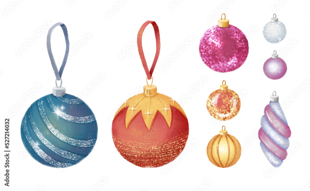 Colorful Christmas balls set. Isolated on white background. Perfect for greeting cards, decorations. Colorful Christmas balls set. Isolated on white background. Perfect for greeting cards, decorations.