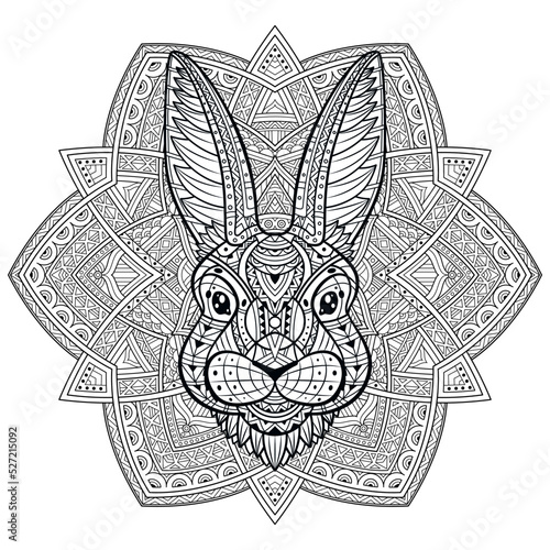 Rabbit head line art coloring. Hare bunny portrait. Line Art. Monochrome rabbit. Animal head on a patterned background. Hand-drawn with ethnic floral pattern. Boho, doodle style. Vector illustration.