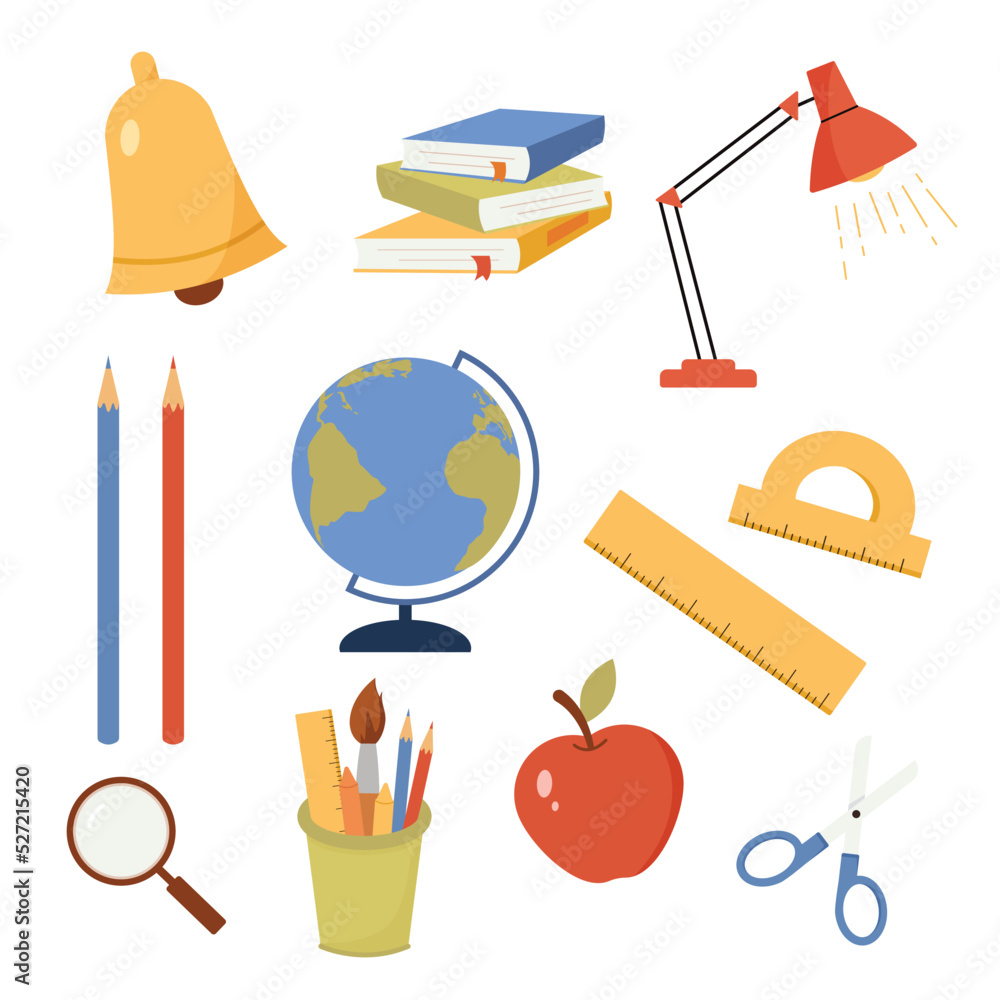School supplies and items set isolated on white background. Back to school elements. Education accessories. Vector illustration cartoon flat style