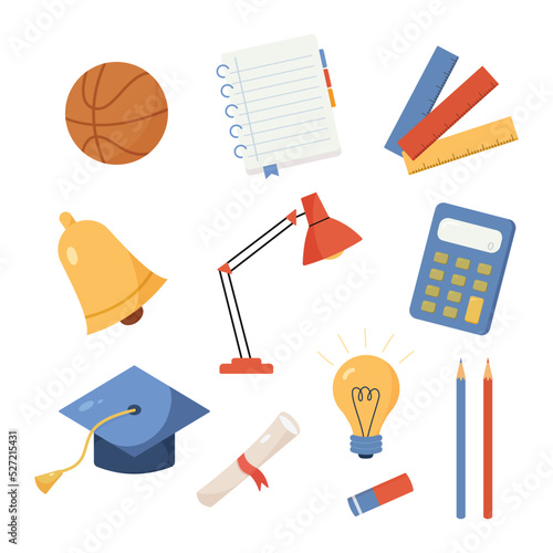 School supplies and items set isolated on white background. Back to school elements. Education accessories. Vector illustration cartoon flat style