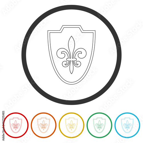 Graphic of Fleur de lis icon. Set icons in color circle buttons