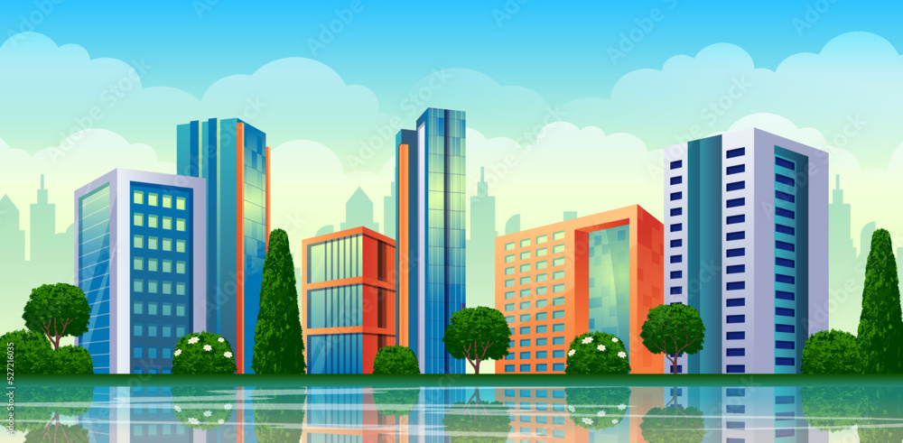 Modern city skycrapper with Reflections in water, bright colorful downtown buildings, office, apartment or school vector illustrations