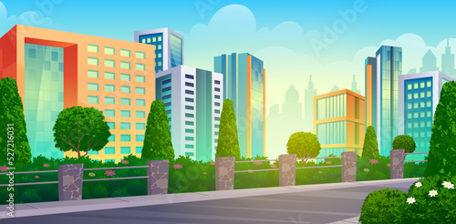 City skyline view from bridge, metropolis cityscape highway with skyscraper buildings, urban architecture vector illustrations